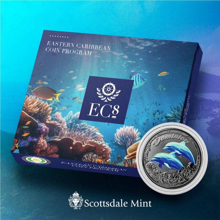 Dominica: Dolphin coloured 1 oz Silber 2023 Proof