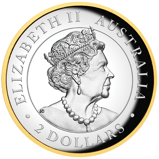 Kookaburra 2 uncje Srebra 2021 Proof High Relief Pozłacana