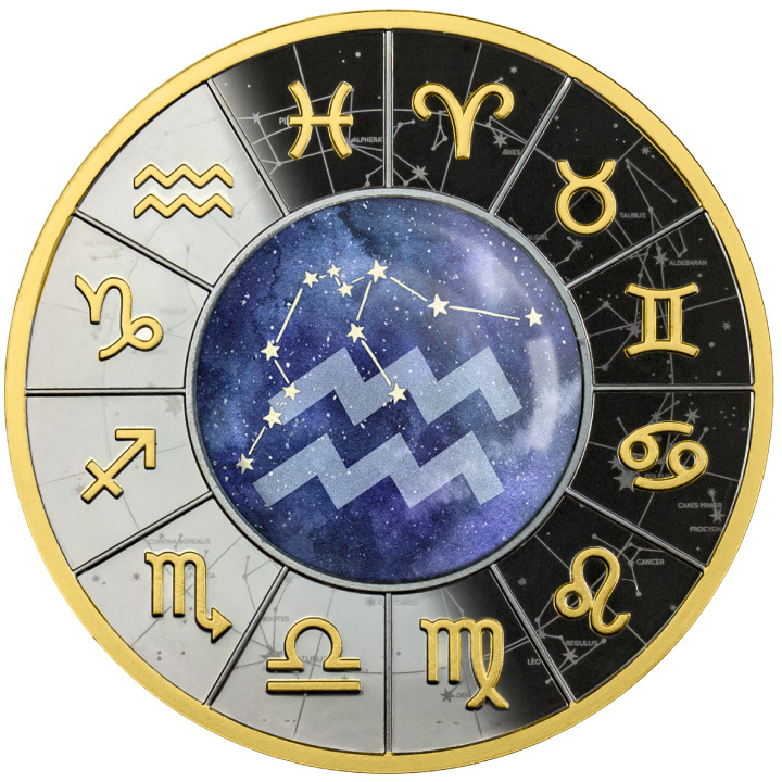 Cameroon: Zodiac Sign - Aquarius coloured Silber 2023 Gilded Black Proof Coin