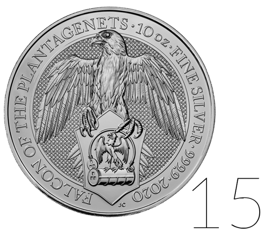Bestias de la Reina: Halcón Plantagenet 10 Onzas de Plata 2020 PAQUETE de 15 PAQUETES