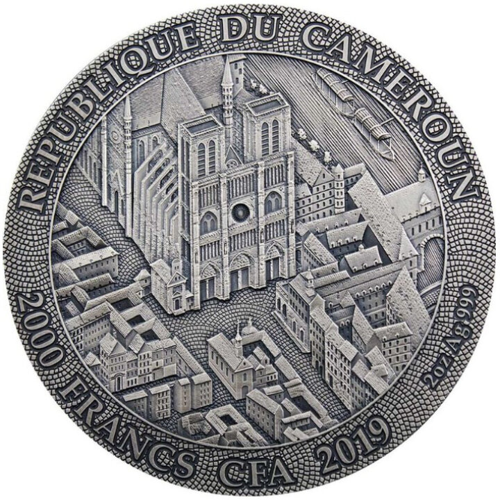 Camerún: Notre Dame de París coloreado 2 oz Plata 2019 Antiqued Coin