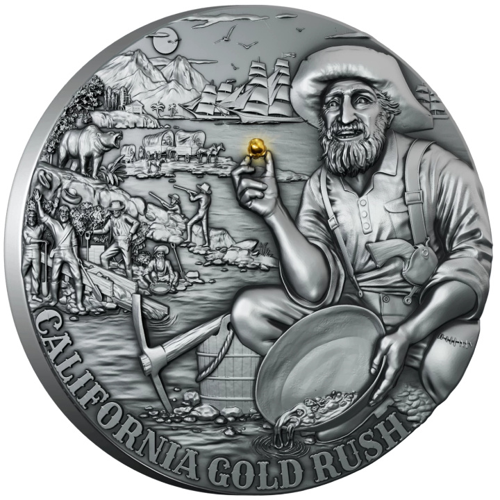 Liberia: California Gold Rush pozłacana $5 Srebro 2025 High Relief Antiqued Coin