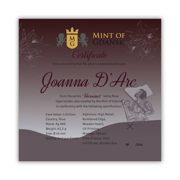 Niue Heroines Ioana d'Arc colorată 2 oz Argint 2022 High Relief Antiqued Coin