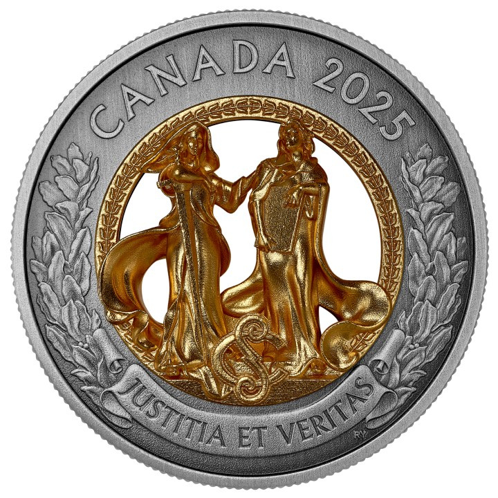 Canada: Allegories of Justice and Truth pozłacany $50 Srebro 2025 Antiqued Coin
