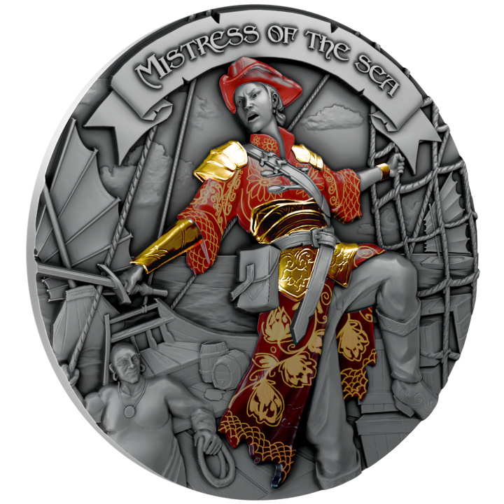 Niue: Mistress of the Sea $5 Plata 2024 Moneda antigua dorada en alto relieve