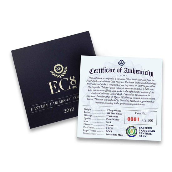 Anguilla: Lobster colorato 1 oncia d'argento 2019 Proof