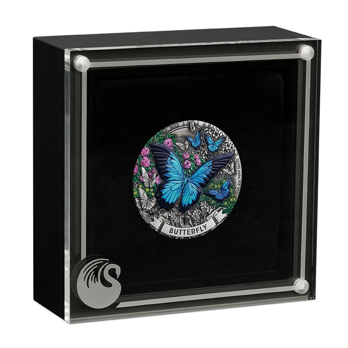 Moneta d'argento The Perth Mint: Butterfly colorata 2 once d'argento 2026 Antiqued
