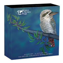 World Money Fair Berlin 2021: Kookaburra 1 oncia d'argento 2021 Colorata