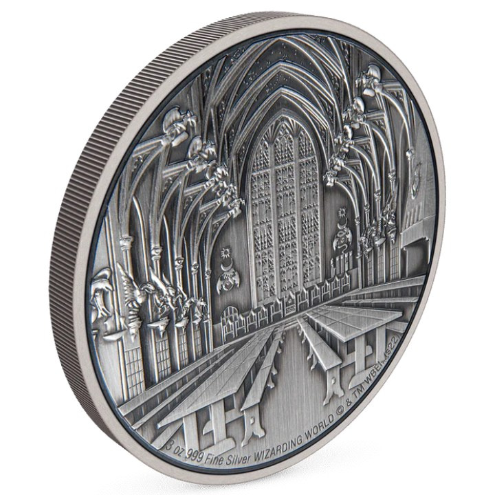 Niue: Harry Potter - Hogwarts El Gran Salón 3 oz Plata 2022 Acabado Antiguo