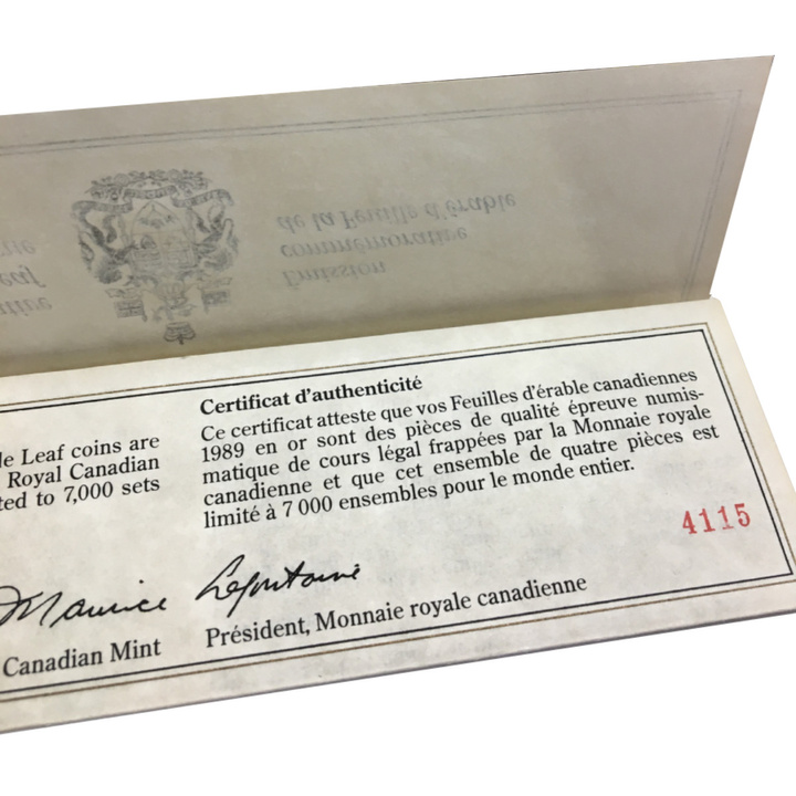 Zestaw 4 złotych monet Kanadyjski Liść Klonowy 1989 Proof