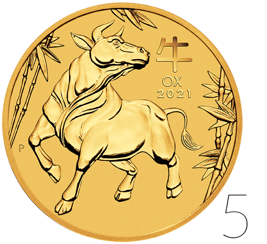 Lunar III: Jahr des Ochsen 1 oz Gold 5 Stück 2021
