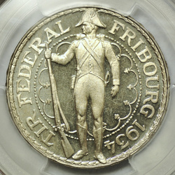 Szwajcaria: 5 franków Fribourg Srebro 1934-B PCGS MS66 PL