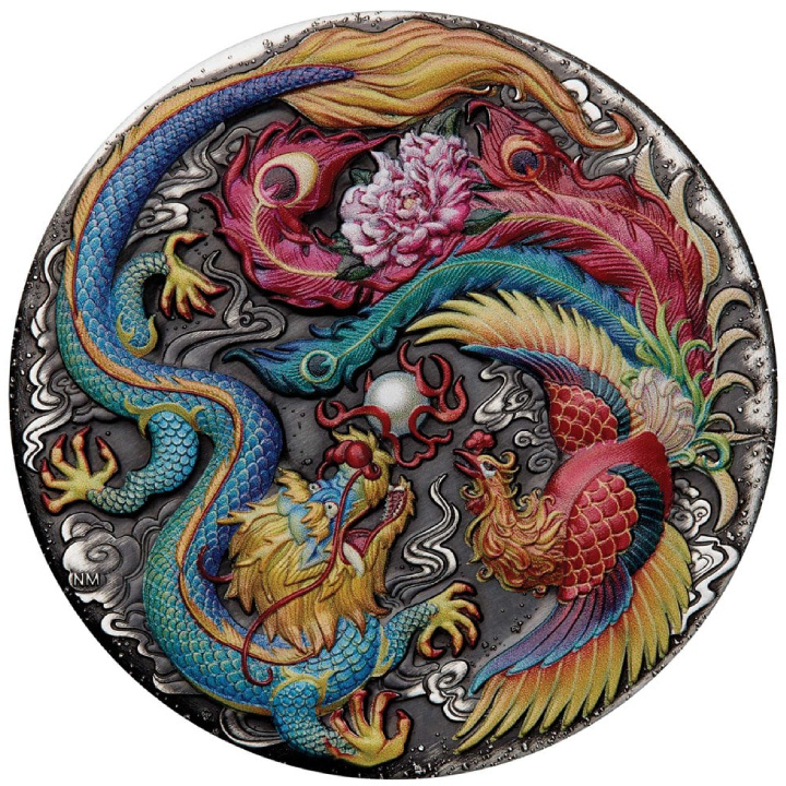 Tuvalu: Dragon and Phoenix coloured 5 oz Silver 2024 Antiqued Coin