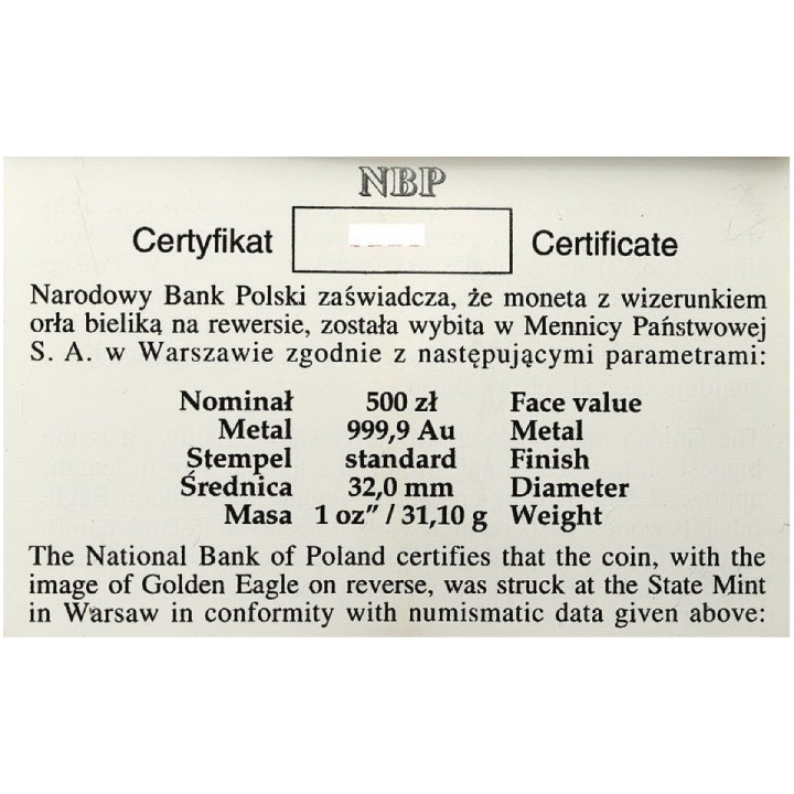 Orzeł Bielik 1 uncja Złota 1996