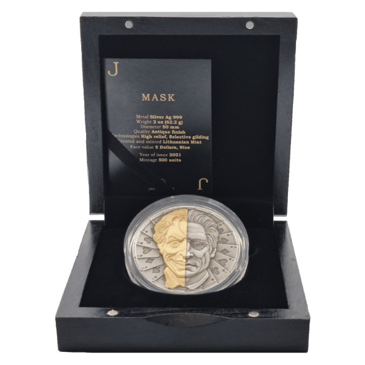 Niue: Mask $5 Silber 2021 Gilded High Relief Antiqued Coin