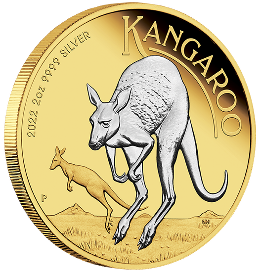 Canguro australiano placcato in oro 2 once d'argento 2022