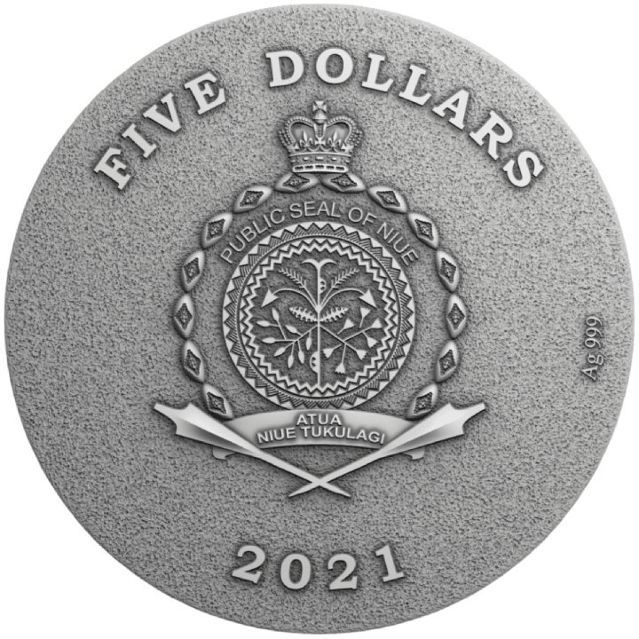 Niue: Ztracené poklady – Poklad Aztéků, pozlacená, 5 $, stříbro, 2021, mince s vysokým reliéfem a antickým povrchem
