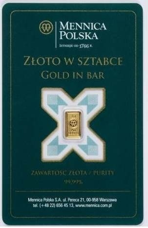 1 gram Sztabka Złota Mennica Polska