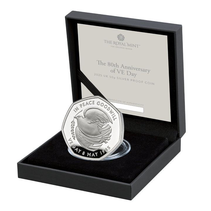 The 80th Anniversary of VE Day 50p Srebro 2025 Proof