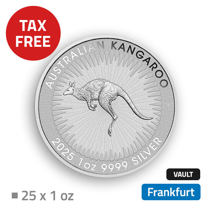 Australijski Kangur 25 uncji Srebra - przechowywane w bezcłowym magazynie we Frankfurcie (Loomis) 