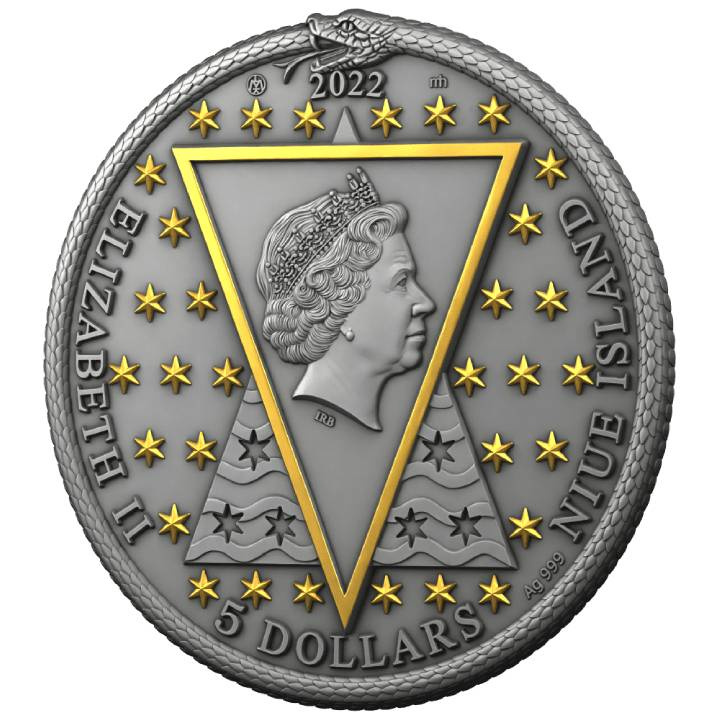 Niue: The Alchemists - Dr. J. Dee "Ars Speculum" $5 Srebro 2022 Antique Finish