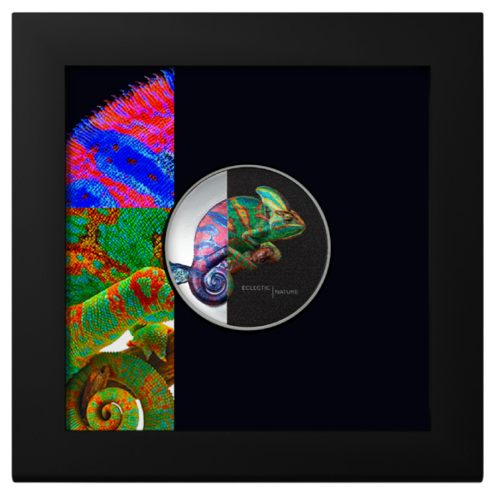 Cook Islands: Eclectic Nature - Chameleon kolorowany 1 uncja Srebra 2023 Proof Ultra High Relief