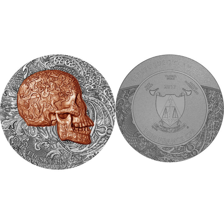 Camerun Carved Skull Bones 1 oz Argint 2017 Antichizat