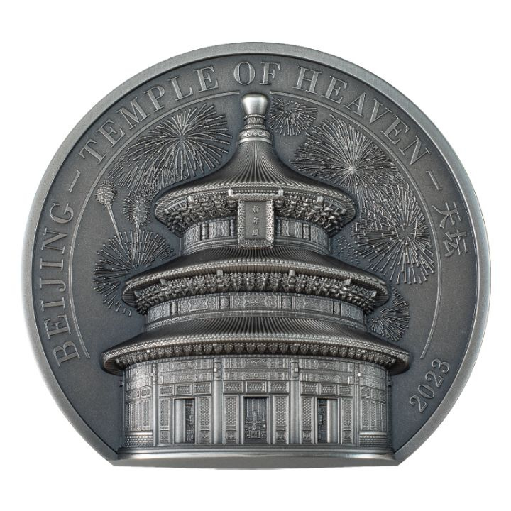 Cookovy ostrovy: Peking – Chrám nebes 5 uncí stříbra 2023 Ultra High Relief Antiqued Coin