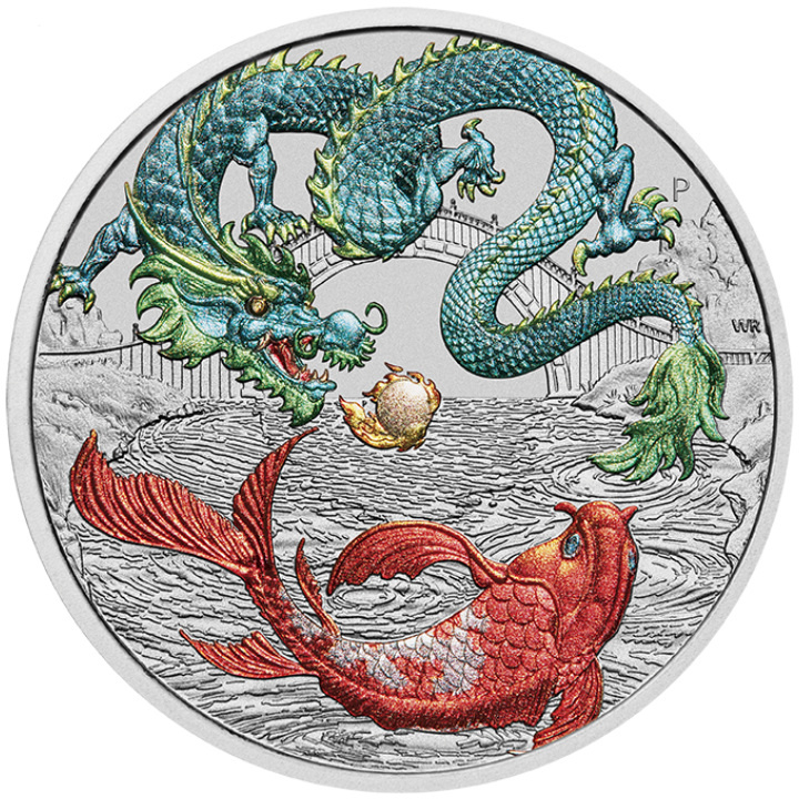 Chinese Myths and Legends: Dragon & Koi kolorowany niebiesko-czerwony 1 uncja Srebra 2023