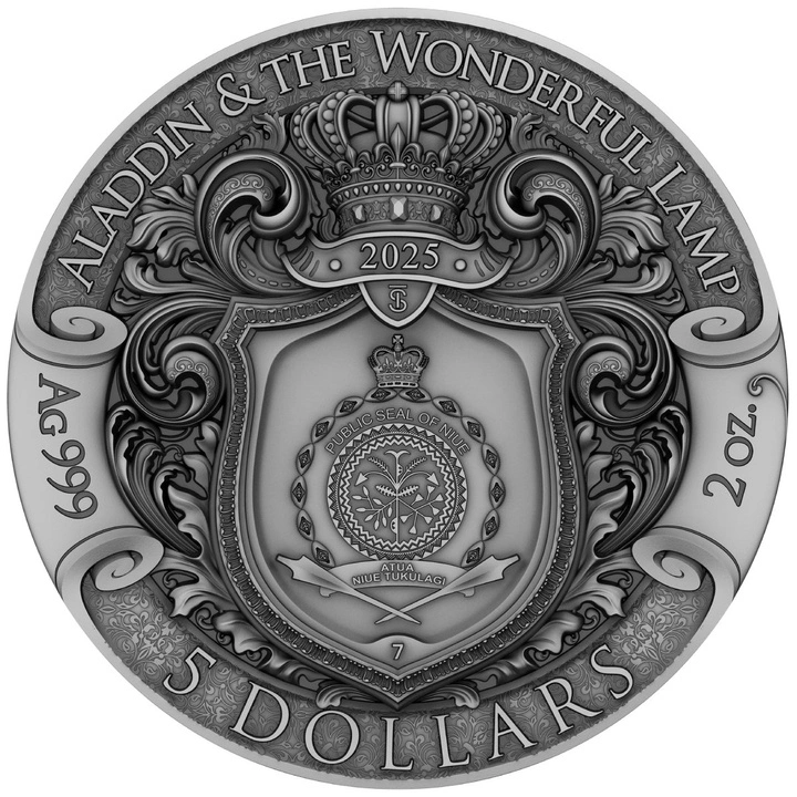 Niue: Aladdin & the Wonderful Lamp colorata/dorata 2 once d'argento 2025 Moneta antica