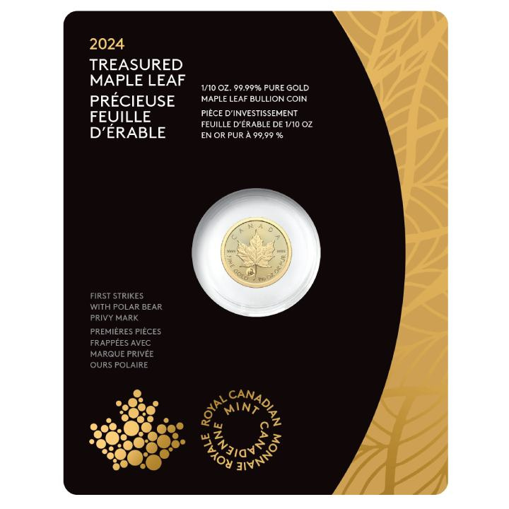 Foglia d'acero canadese Treasured 1/10 oncia d'oro 2024 Polar Bear Privy Mark (First Strikes)