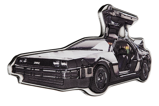 Niue: Návrat do budoucnosti – DeLorean Time Machine barevná 2 unce stříbra 2021 Antiqued Coin