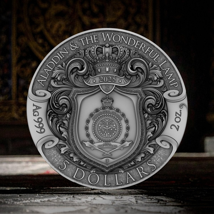 Niue: Aladdin und die Wunderlampe koloriert/vergoldet 2 oz Silber 2025 Antik-Finish