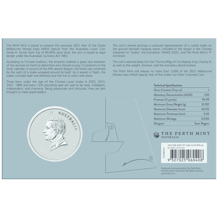 Perth Mint: Lunar III - Anno del Serpente colorato 1 oncia d'argento 2025 (Melbourne Money Expo Anda Special)