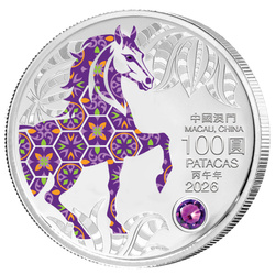Macau: Lunar Horse kolorowany 5 uncji Srebra 2026 Proof