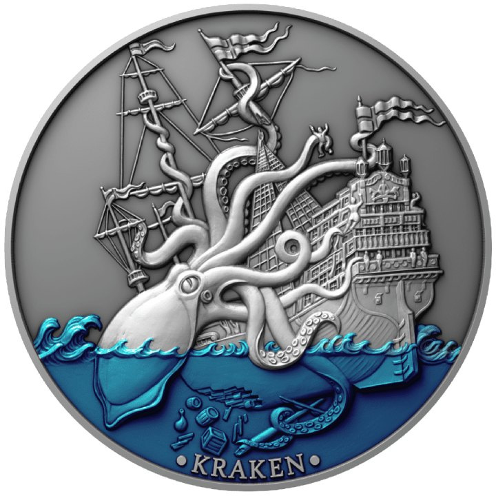 Niue : Mythical Creatures - Sea Monster Kraken coloré 5 argent 2021 High Relief Antiqued Coin