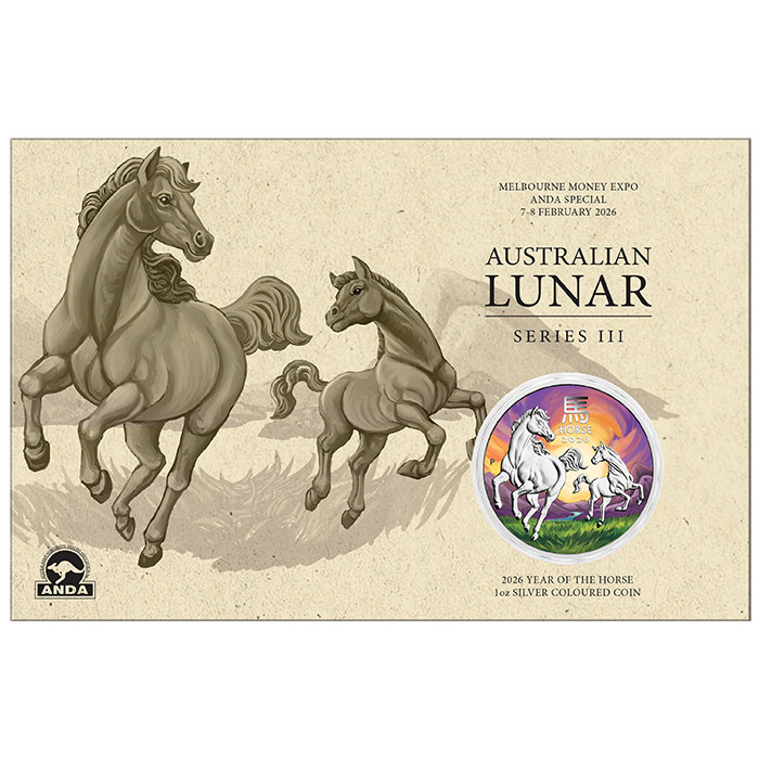 Perth Mint : Lunar III – Année du Cheval, colorisée, 1 once d’argent, 2026 (Melbourne Money Expo ANDA Special)