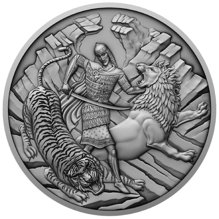 Niue El caballero en la piel de pantera - Tariel luchando contra las bestias salvajes $1 Plata 2022 Acabado antiguo