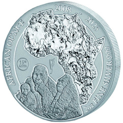 Ruanda: Onza Africana - 15º Aniversario Gorila de Montaña 2 oz Plata 2023