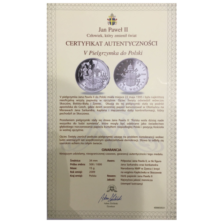 Medaile Jana Pavla II. - 5. pouť do Polska 22.5.1995 Stříbro + certifikát