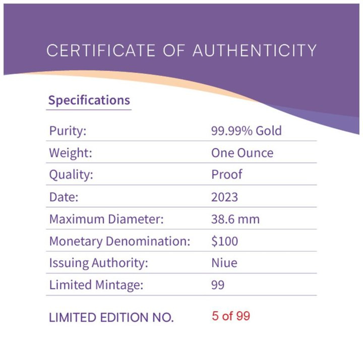 Niue: Azure Kingfisher barevná 1 unce zlata 2023 Proof