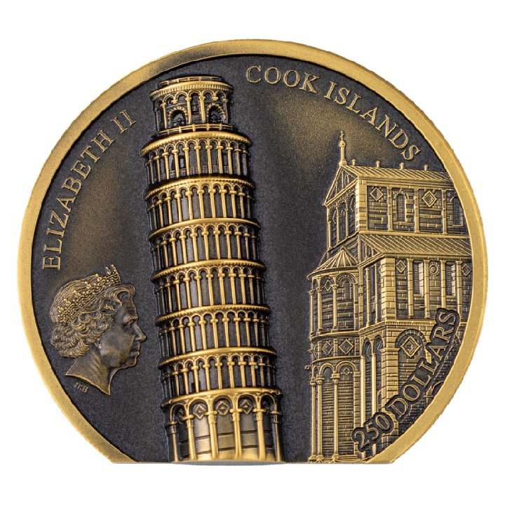 Cook Islands: Leaning Tower of Pisa 1 oz Gold 2022 Ultra High Relief Antiqued Coin