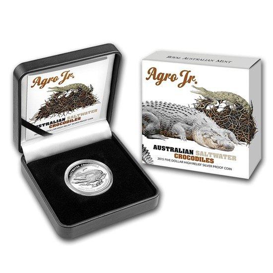 Crocodile australien Agro Jr. 1 once d'argent 2015 PROOF High Relief