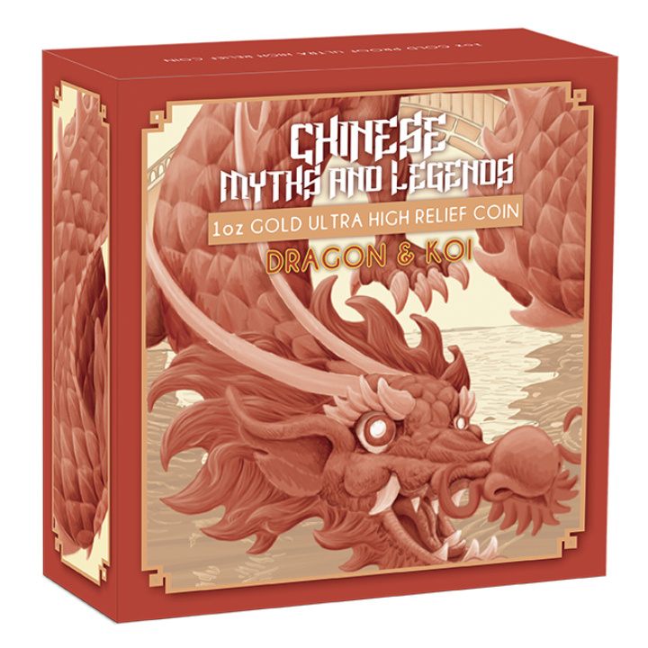 Mitos y Leyendas Chinas: Dragón & Koi 1 oz Oro 2023 Proof Ultra Alto Relieve