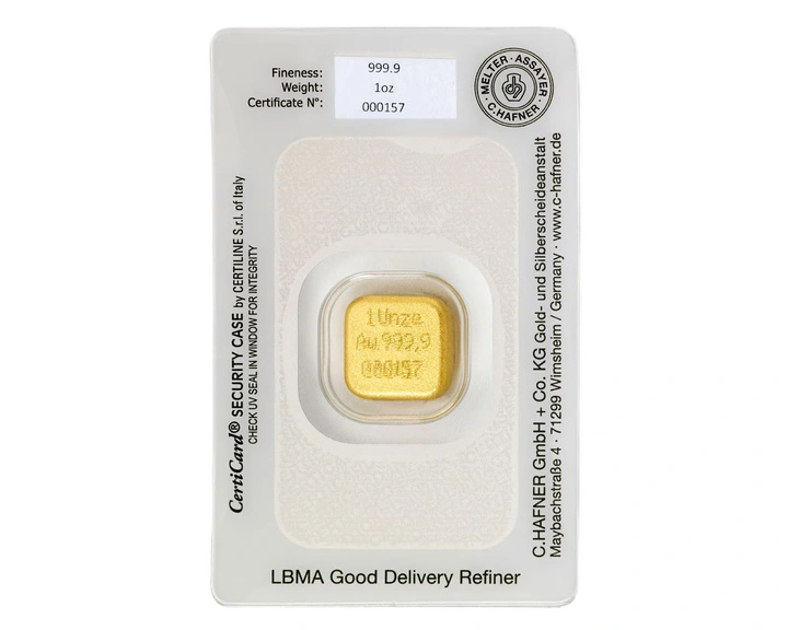 Lingote de oro C Hafner 1 onza fundido