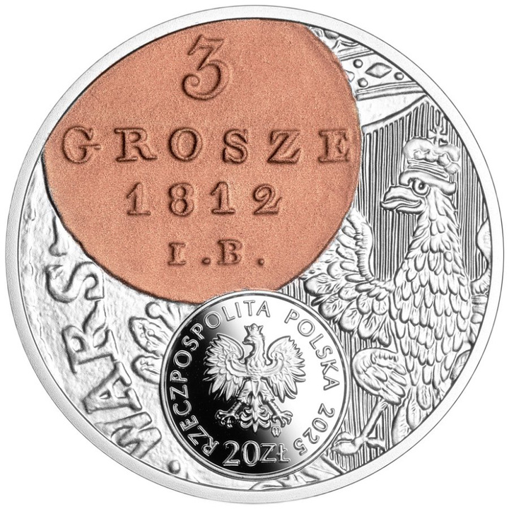 Historia monety polskiej - 3 grosze Księstwa Warszawskiego 20 zł Srebro 2025 Proof