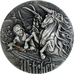Niue: The Witcher Book Series – Time of Contempt barevná, pozlacená 2 unce stříbra 2022 High Relief Antiqued Coin