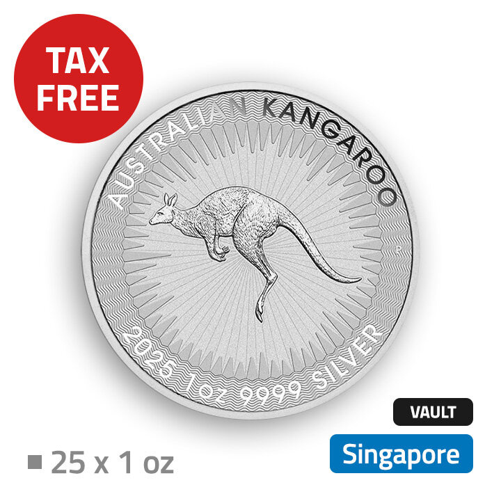 Australijski Kangur 25 uncji Srebra - przechowywane w bezcłowym magazynie w Singapurze (Malca-Amit)