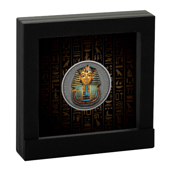 Niue: Mask od Tutankhamun coloured $5 Silber 2022 Gilded Antique Finish