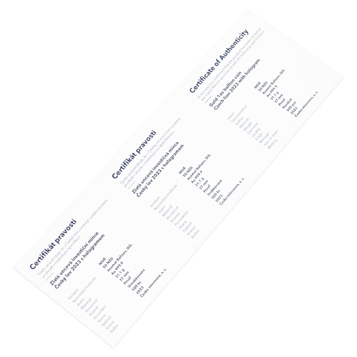 Niue: León Checo 1 oz Oro 2023 Proof con Holograma